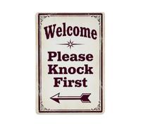 Plaque en métal vintage Welcome Please Knock First Arrow Star | Décoration murale vintage pour café, club, jardin, affiche en métal 20,3 x 30,5 cm