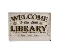Plaque en métal vintage « Welcome To Our Little Library » - Décoration murale rétro pour bar, garage, café, cuisine, maison - 20,3 x 30,5 cm
