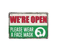 Plaque en métal « We're Open Please Wear A Face Mask » - Décoration murale vintage - Décoration murale de cuisine de campagne - 20,3 x 30,5 cm