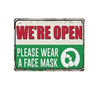 Plaque en métal « We're Open Please Wear A Face Mask » - Décoration murale vintage pour cuisine, maison, garage - 30,5 x 40,6 cm