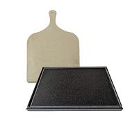 Plaque en pierre de lave Etnea + planche à découper/pelle homme-ollaire, réfractaire pour barbecue à gaz, four électrique pour pizza, pain, steak viande grillée (40 x 40 cm3), noir