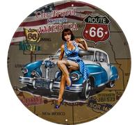 Plaque en tôle 30 x 30 cm - Car Travel Route 66 (ronde)