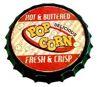 Plaque en tôle avec bouchon de bouteille popcorn Décoration vintage américaine en métal 42 x 42 cm (Popcorn)