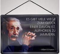 Plaque en tôle avec cordon 30 x 40 cm avec inscription Albert Einstein : il y a beaucoup de chemins vers le bonheur, dont l'un d'entre eux s'arrête de pleurnicher. Blechemma