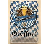 Plaque en tôle avec inscription « Biergarten open » 20 x 30 cm (Bleu/blanc)