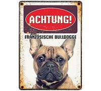 Plaque en tôle de style rétro | Attention ! Bouledogue français | 21 x 14,8 cm | Décoration murale pour l'intérieur et l'extérieur