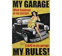 Plaque en tôle décorative nostalgique My Garage - My Rules - 20 x 30 cm - Publicité rétro - 329