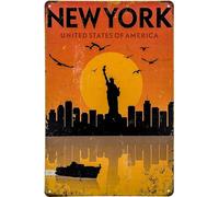 Plaque en tôle historique rétro vintage avec motif de voyage, décoration de vacances, 30 x 20 cm (Amérique, New York, Statue de la Liberté)
