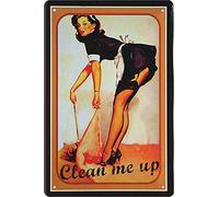 Plaque en tôle Pin Up "Clean me up" Hot Sexy Girl Décoration atelier Plaque métallique rétro vintage Cadeau d'anniversaire ou de Noël Cuisine 20 x 30 cm