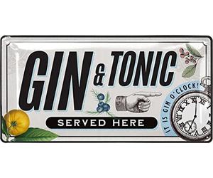 Plaque en tôle rétro Décoration de bar GIN TONIC SERVED HERE Plaque métallique vintage comme accessoire d'alcool Plaque de cocktail avec inscription en anglais « its gin o clock » comme