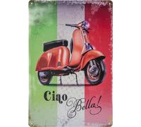 Plaque en tôle rétro vintage 30 x 20 cm pour les fans de scooters italiens - « Ciao Bella - Drapeau de l'Italie »