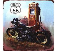 Plaque en tôle Route 66 US Moto Pompe à essence 30 x 30 cm Idée cadeau en métal Design vintage pour décoration