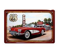 Plaque en tôle « Route US 66 Diner » - Décoration de voiture rétro - Vintage - Pour garage, atelier, salle de loisirs, cadeau d'anniversaire ou de Noël - 20 x 30 cm - Rouge