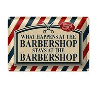 Plaque en tôle vintage | What Happens at the Barbershop | Décoration rétro | 40 cm x 30 cm