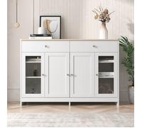 Plaque épaissieBuffet en bois blanc veiné, quatre portes, avec deux tiroirs, porte avec verre. Salon, salle à manger. Couleur bois