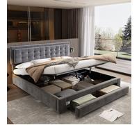 Plaque épaissieLit avec boîte et tiroirs, tissu velours, lit rembourré, cadre à lattes, lit double, grand rangement, 180 x 200, gr