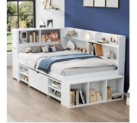 Plaque épaissieLit bébé, 90 * 200cm, lit simple, lit multifonctionnel avec tiroirs, étagères et casiers, grand espace de rangement