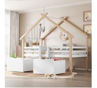 Plaque épaissieLit bébé, lit demi - hauteur, lit maison couvert, clôturé sur quatre côtés avec escalier, 2 casiers sur roues, pin