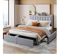 Plaque épaissieLit capitonné 140*200 cm, table de nuit avec prise de charge USB et tablette, lit double plat avec 4 tiroirs, tissu