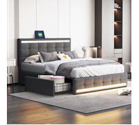 Plaque épaissieLit capitonné 140 * 200 Lit capitonné LED avec 4 tiroirs et 2 stations de recharge USB, cadre de lit avec pied de l