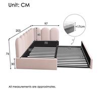 Plaque épaissielit de jour 90x200cm, lit de jour avec canapé-lit extensible 90x190cm, lit d'enfant avec lattenrost, velvet, rose,