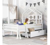 Plaque épaissieLit de maison Lit d'enfant avec échelle et tiroirs, sommier à lattes inclus,Lit mezzanine en bois massif avec prote