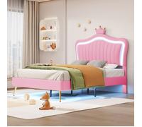 Plaque épaissieLit d'enfant 90 x 200 cm, cadre de lit pour filles, Rosas Couronne Lit double en cuir PU avec lampes LED, sommier à