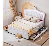 Plaque épaissieLit d'enfant Lit capitonné 140 x 200 cm, cadre de lit simple blanc pour fille en cuir PU avec tiroirs de rangement,