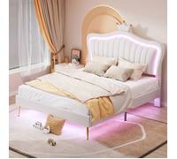 Plaque épaissieLit d'enfant Lit de 140 x 200 cm, cadre de lit pour fille, double couronne blanche en cuir PU avec lumières LED, so