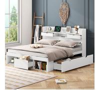 Plaque épaissieLit double, 140*190cm, Avec port USB & tiroirs & armoire de rangement, Lit d'enfant, Lit de jeune, Lit multifonctio