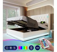 Plaque épaissieLit double rembourré 160*200 cm,Blanc Matériau PU Lit de rangement hydraulique, tête de lit rembourrée avec fonctio