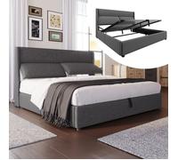 Plaque épaissieLit double rembourré 160x200cm avec appuie-tête réglable,Cadre de lit hydraulique avec espace de rangement, lit en