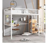 Plaque épaissieLit en fer, lit superposé, lit haut, Convient aux enfants et adolescents, avec table et armoire, échelle latérale a