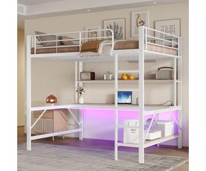 Plaque épaissieLit mezzanine, 140*200 cm, rampe, marchepied, avec usb et prise électrique, Avec lampes LED, bureau, étagère à plus