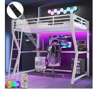 Plaque épaissieLit mezzanine, 90*200cm , Avec lampes LED, tablette pour console d'ordinateur, bureau, prise électrique+USB, rampe,