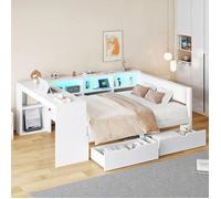 Plaque épaissieLit plateforme en bois 140x200 avec rangements, tiroirs, station de recharge et tête de lit rembourrée, avec lumièr