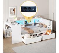 Plaque épaissieLit plateforme en bois 90x200 avec rangements, tiroirs, station de recharge et tête de lit rembourrée, avec lumière