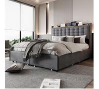 Plaque épaissieLit rembourré 140*200 cm, table de chevet avec port USB et rangement, lit double plat avec 4 tiroirs, tissu en lin