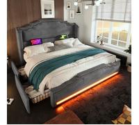 Plaque épaissieLit rembourré 140×200, lit double avec 4 tiroirs, éclairage LED et prise de charge USB-C, lit de rangement et lit d