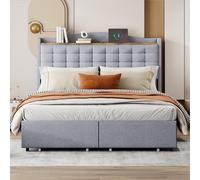 Plaque épaissieLit rembourré 140 * 200cm, table de chevet avec port de charge USB et étagère, lit double avec 4 tiroirs, Lin gris