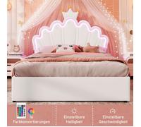 Plaque épaissieLit rembourré, 140 x 200 cm, sans matelas, lumière ambiante télécommandée, lit avec 2 tiroirs, lit princesse en for