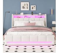 Plaque épaissieLit rembourré, 140 x 200 cm, Sans matelas, Télécommande APP LED, Lit avec tiroirs avec prises électriques et USB, E