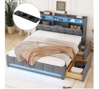 Plaque épaissieLit rembourré, 140 x 200 cm, Sans matelas, Télécommande APP Lumière LED, Lit avec tiroirs avec prises de courant et