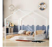 Plaque épaissieLit rembourré, 140 x 200cm, Sans matelas, Lit à cadre en fer, Lit d'enfant, Barre de maison, Blanc