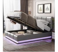Plaque épaissieLit rembourré 140x200 cm avec éclairage LED & espace de rangement hydraulique, coffre de lit & sommier à lattes Hou