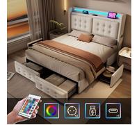 Plaque épaissieLit rembourré 140x200, lit double avec tête de lit Led et fonction de chargement USB C et 4 tiroirs, lits de rangem
