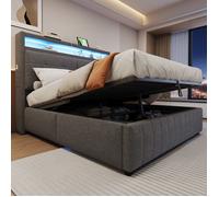 Plaque épaissieLit rembourré 160*200 cm, avec éclairage LED et prise USB, tête de lit avec étagères et espace de rangement, avec e
