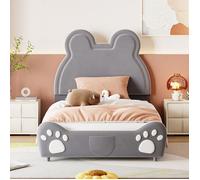 Plaque épaissieLit rembourré Beau lit d'enfant, 90 x 200 cm, forme d'ours. Lit simple en velours doux pour la peau, gris