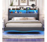 Plaque épaissieLit rembourré Design suspendu 160 * 200 Lin, lit de rangement multifonctionnel avec lumière LED, interface USB et t