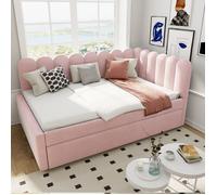 Plaque épaissieLit rembourré en L, canapé-lit 140x200 cm avec dossier à fleurs et lit gigogne en velours rose